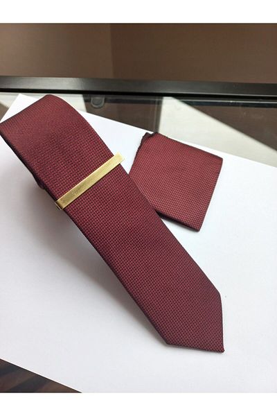 tezgahist Claret Red Thin Tie/Handkerchief/Tie Clip Set