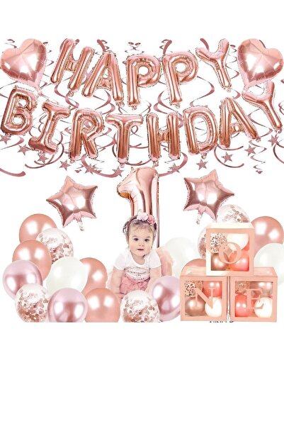 Bkmc Rose Gold 1 Year Old Balloon Chain Birthday Set Happy Birthday Birthday Set