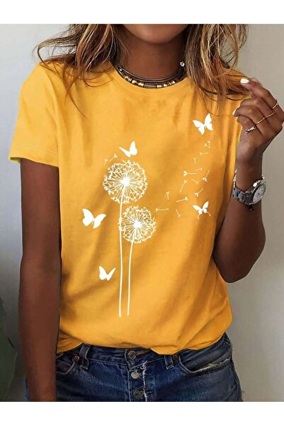 FECCY Κίτρινο Oversize Γυναικείο T-Shirt με στάμπα πεταλούδας και λουλουδιών ...