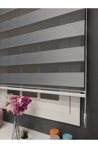 atölyeperde Atölye Perde Gri Jakarlı Dokuma Zebra Stor Perde (Siyah Zeminli)