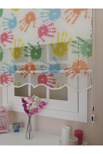 atölyeperde Atölye Perde Çiftli Sistem Renkli Eller Baskılı Tül Ve Stor