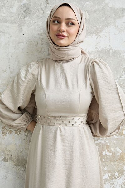 InStyle Glittery Satin Dress with Stone Belt - Beige