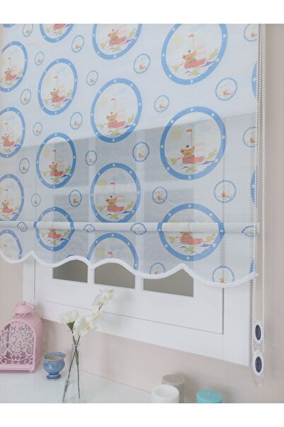 atölyeperde Atölye Perde Çiftli Sistem Çocuk Odası Beyaz Mavi Gemi Desenli Tü...