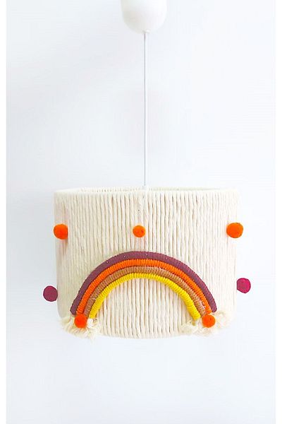C&A&B KUZEY AVİZE Ecru Macrame Rope Wrapped Rainbow Detailed Pompom Children's Room Pendant Lamp Chandelier