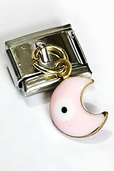 Takı Dükkanı Italian Steel Bracelet Charm - Pink Enamel Crescent Evil Eye Bead (1 Piece) 9mm Scb26c