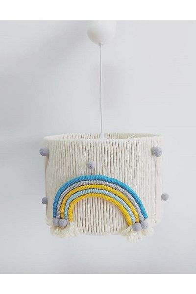 C&A&B KUZEY AVİZE Ecru Macrame Rope Wrapped Colorful Rainbow Detailed Gray Pompom Baby and Children's Room Pendant Lamp Chandelier
