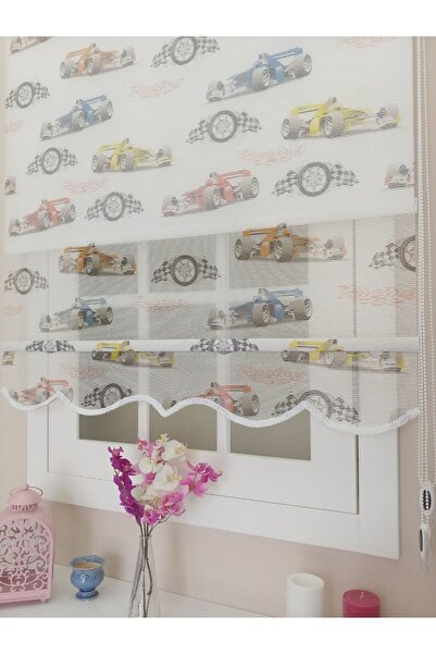 atölyeperde Atölye Perde Çiftli Sistem Beyaz Üzerine Racing Formula Araba Bas...