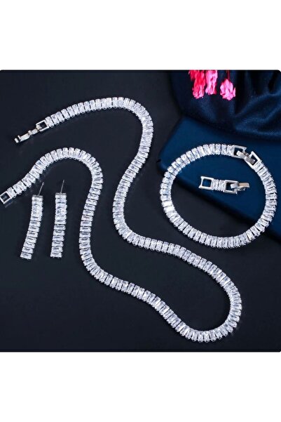 Power Es Kararmaz Paslanmaz Baget Kesim Su Yolu Taşlı Gümüş Renk Çelik Kolye Bileklik Set Takım