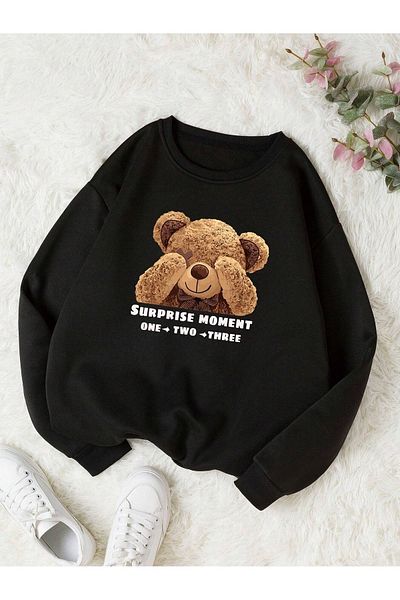 Demacia Unisex Bear Printed Black Oversize Sweatshirt - Crew Neck