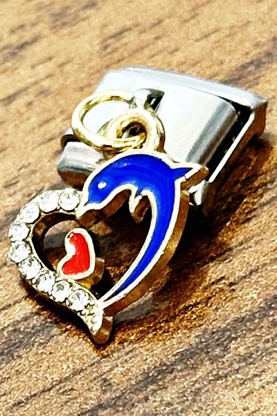 Takı Dükkanı Italian Steel Bracelet - Enamel Dolphin and Heart Shaped 9mm Scb26c