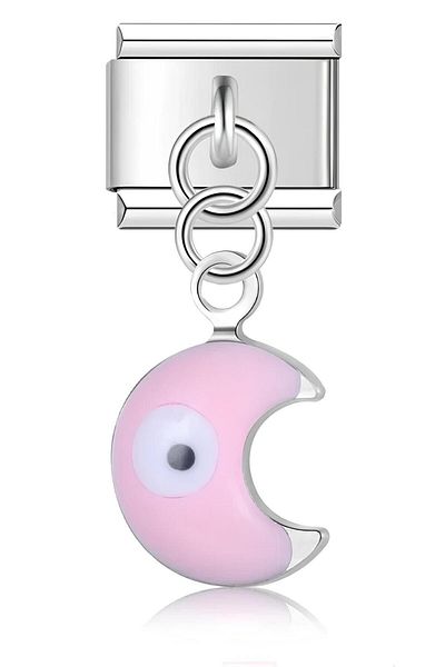 Takı Dükkanı Italian Steel Bracelet Charm - Pink Enamel Crescent Evil Eye Bead (1 Piece) 9mm Scb26c