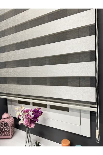 atölyeperde Atölye Perde Krem Jakarlı Dokuma Zebra Stor Perde (Siyah Zeminli)