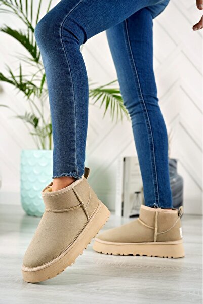 meefshoes Kadın Kalın Taban Süet İçi Kürklü Ultra Mini Bot