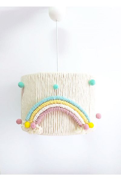 C&A&B KUZEY AVİZE Colorful Rainbow Detailed - Pompom Ecru Macrame Room Pendant Lamp Chandelier