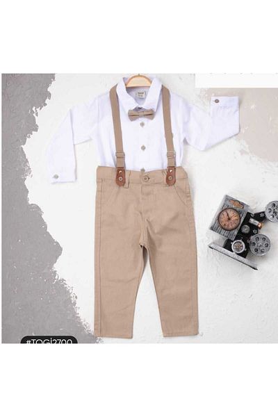 Terry Boy's Oxford White Shirt and Bow Tie Beige Trousers Suit 1-9 YEARS