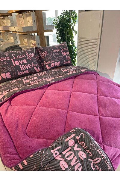 tekstil diyarı Çift Kişilik Çift Taraflı Welsoft Puffy Yorgan Seti Mürdüm Love