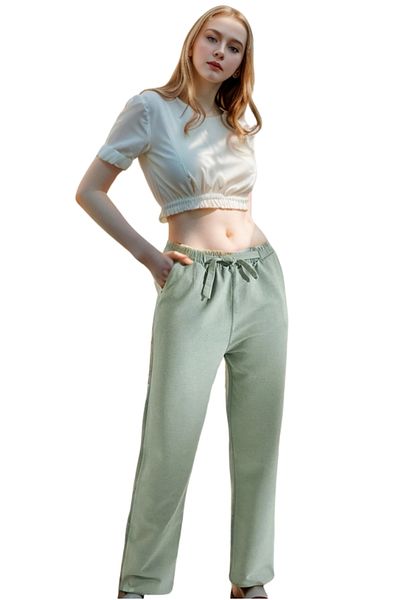 Cassime Green Linen - Women's Carrot Trousers with Belt and Pockets