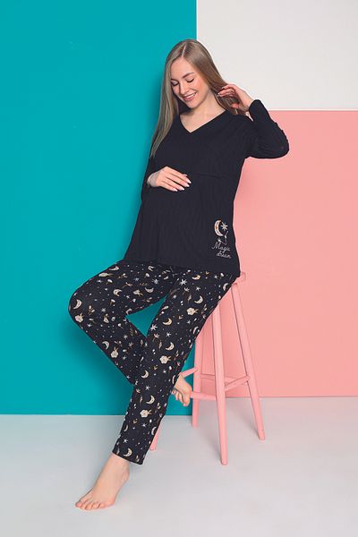 SENFONİ HOMEWEAR Crescent Star Patterned Black Maternity Pajama Set