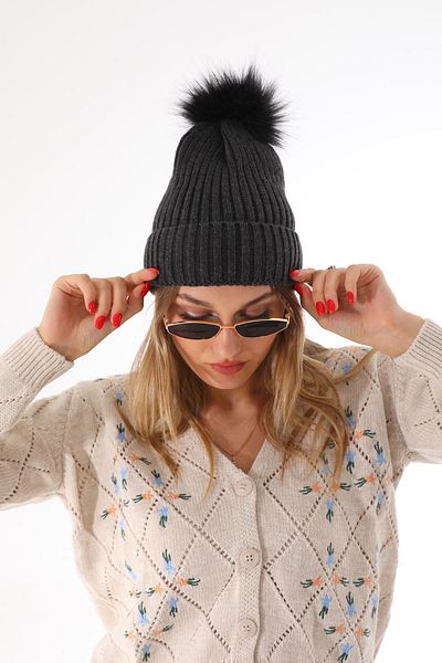 Ritagarcia Women's Winter Anthracite Pompom Knitwear Beret
