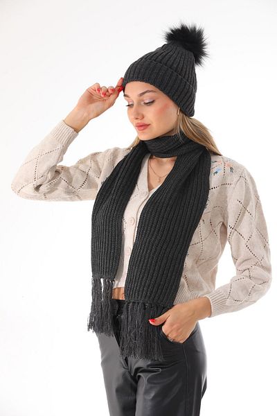Ritagarcia Pompom Anthracite Beret Thessaloniki Scarf Set