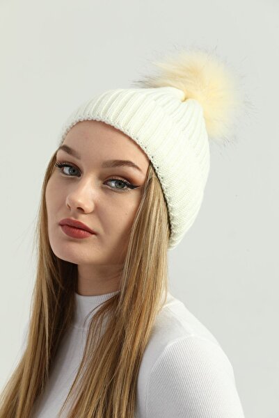Ritagarcia Women's Ecru Winter Pompom Knitwear Beret