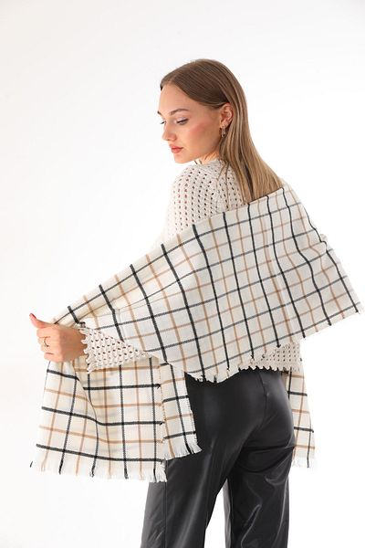Ritagarcia Women's Soft Textured Ecru-stone Plaid Scarf