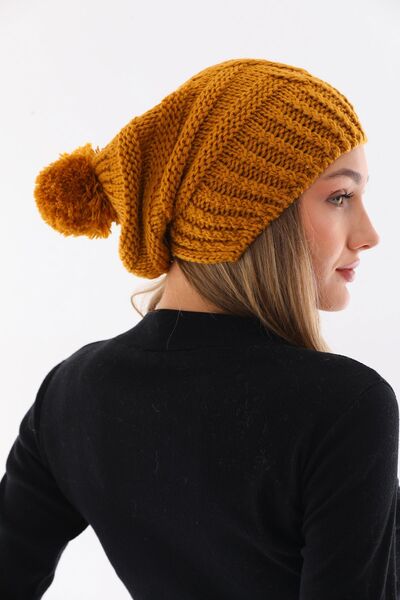 Ritagarcia Kadın Kalın Hardal Örgü Ponponlu Bere