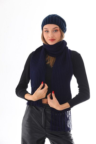 Ritagarcia Set beanie eșarfă cu pompon albastru bleumarin tricotat gros