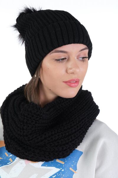Ritagarcia Dámský černý úpletový baret s bambulí a pletený límec ke krku