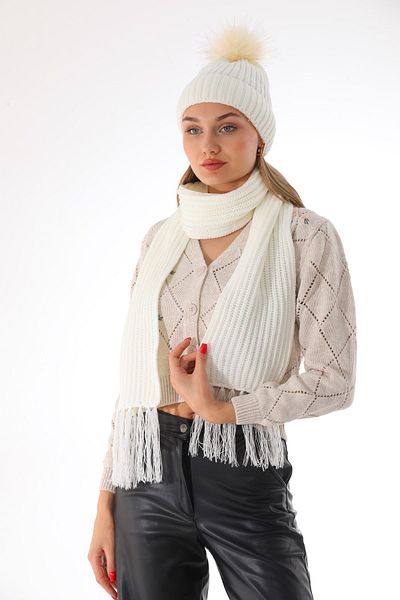 Ritagarcia Pompom Ecru Beret Thessaloniki Scarf Set
