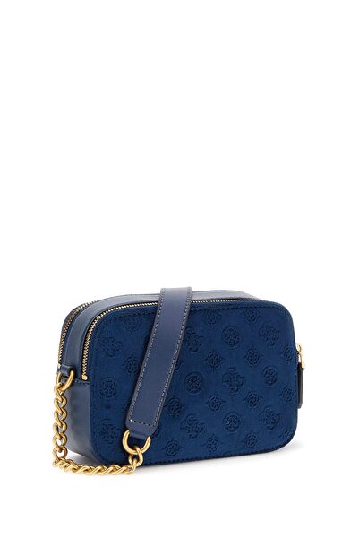 Guess Women's Brand Logo Chain Detailed Shoulder Strap Stylish Designed Dark Blue Shoulder Bag Suitable for Daily Use