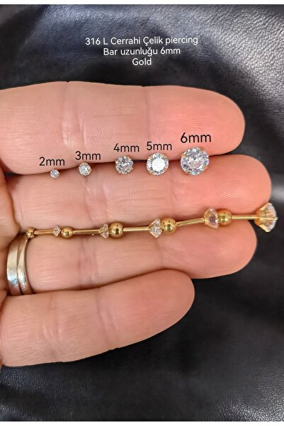 Bylin %100 316 L Cerrahi Çelik Prenses Kesim Tek Taş Piercing - Bar Uzunluğu 6mm - 1 Adet