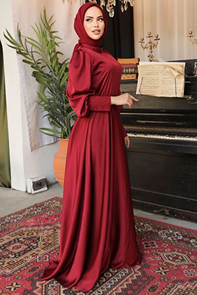 InStyle Kol Ucu Fermuarlı Bordo Saten Elbise