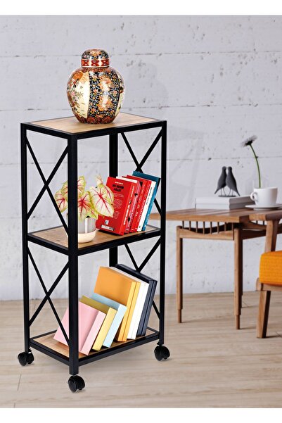 Doğa Dizayn Kitaplık 3 Raflı Tekerlekli veya Tekerleksiz Metal Kitaplık Kitap Rafı Ofis Salon Raf