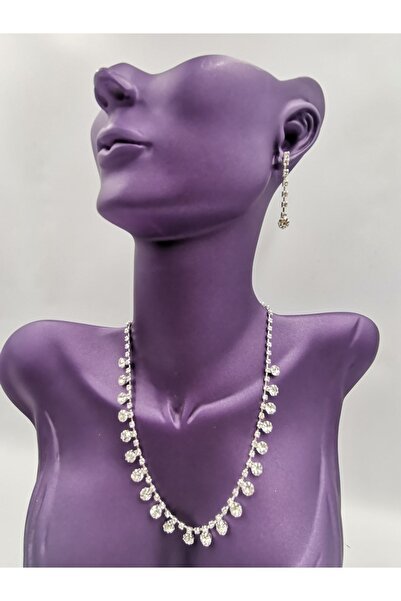 MELİH BİJUTERİ Su Yolu Abiye Kolye Küpe Set Kristal Taşlı Gelin Kolye Küpe Set