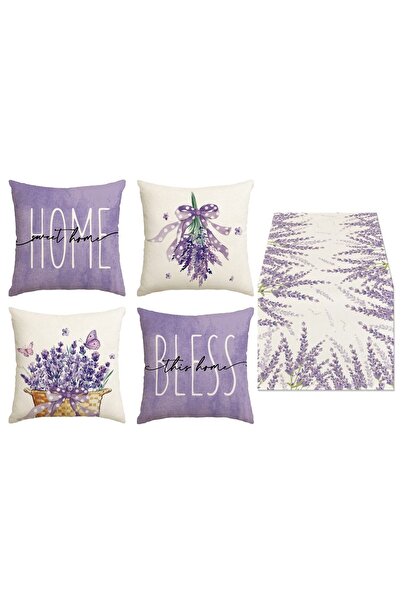 Jungle Bahar Yaz Kırlent Set Botanik Çiçek Lavanta Desenli Mor Lila 4 Lü Kırl...