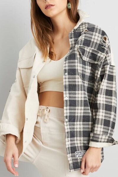 Paye Butik Boyfriend Oversize Denim Distressed Jeans Blugi Jachetă Crem-în carouri
