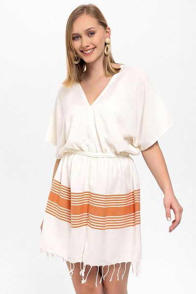 Deriderim V Neck Orange White Shile Πανί - Κοντό μανίκι βαμβακερό φόρεμα παραλίας