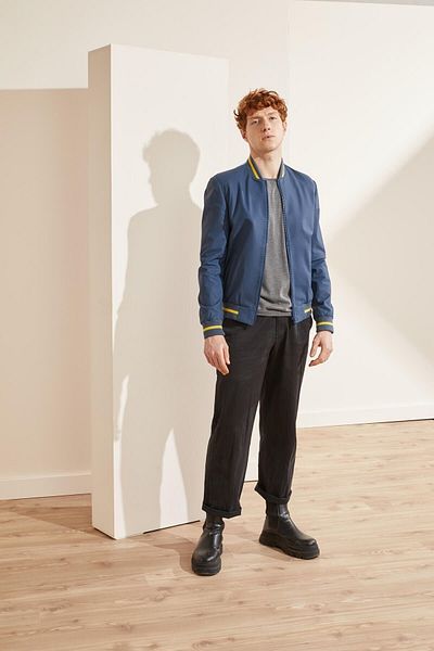 Deriderim Navy Blue Seoul Ikigai Hand Drawing Digital Printed Zippered Lined Men's Genuine Leather Bomber Coat
