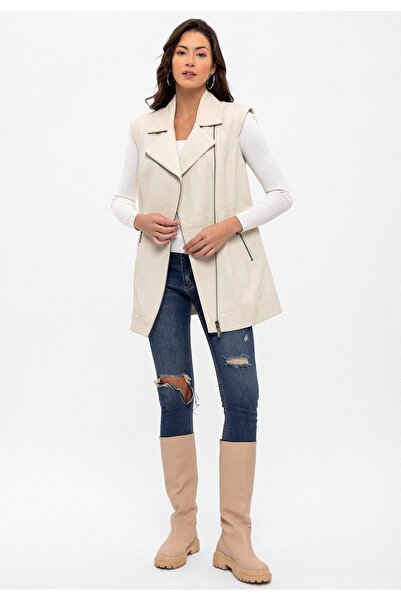 Deriderim White Maude Knitted Sleeves Detachable Long Zippered Lined Genuine Leather Women's Vest