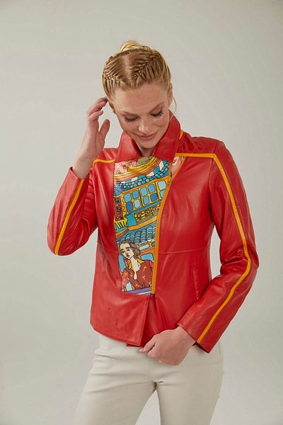 Deriderim Orange Ikigai The City Series Shangia Digital Print Zippered Lined Women's Genuine Leather Jacket