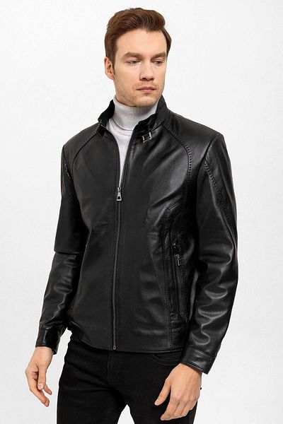 Deriderim Black Jady Collar Buckle Men's Genuine Leather Coat