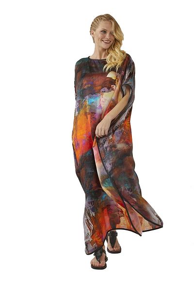 Deriderim Watercolor Brush Patterned Unlined Summer Satin Women's Silk Dress