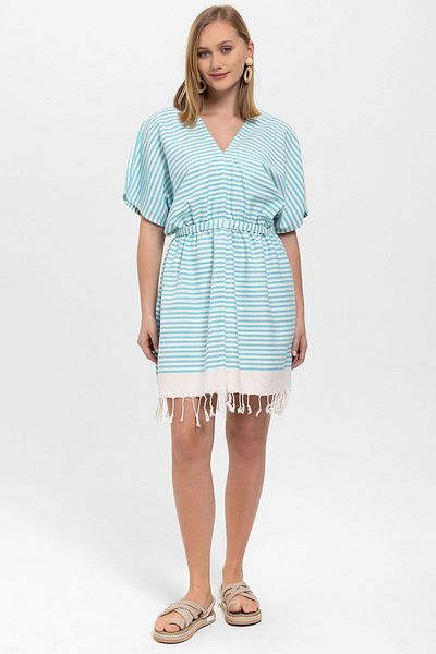 Deriderim Turquoise White V-neck Sile Cloth Short Sleeve Cotton Summer Dress - Unlined