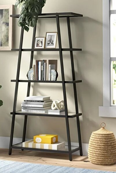 TOLIAHOME Modern 5 Katlı Siyah Renk Metal İskeletli Cam Raflı Aksesuar Rafı Kitaplık