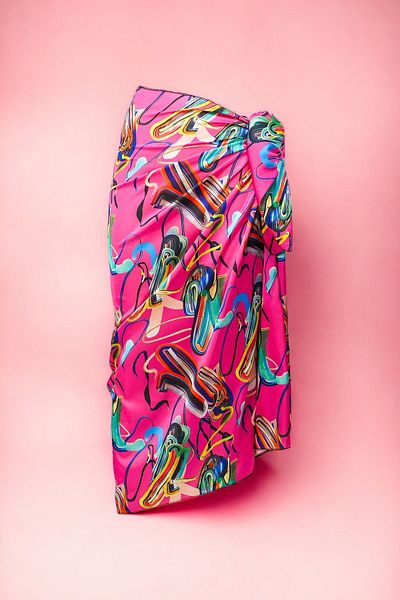 pistore Fuchsia Pink Geometric Patterned Long Pareo Satin Women's Beach Dress New Season
