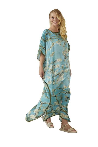 Deriderim Turquoise Almond Blossoms Print Unlined Summer Satin Women's Silk Dress