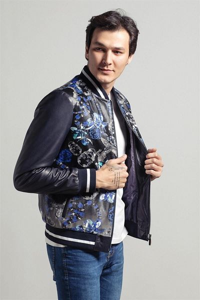 Deriderim Black Blue Skull Pattern Digital Printed Zippered Genuine Men's Leather Coat with Waist and Sleeve Knitwear