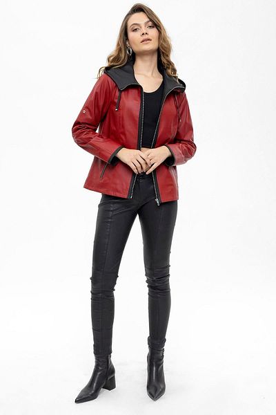 Deriderim Red Marc Zippered Wide Cut Women's Genuine Leather Coat