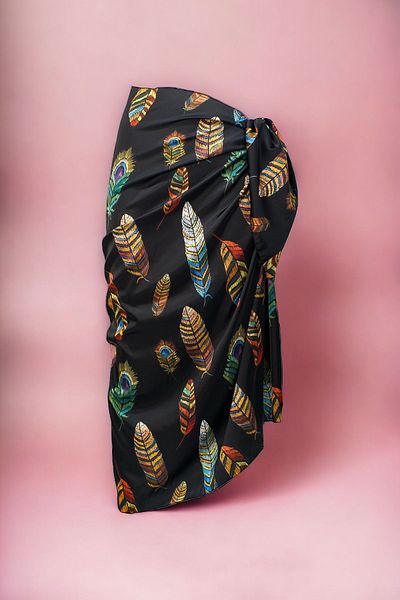 pistore Rochie de plajă pentru femei din satin lung cu model cu pene negre, sezon nou